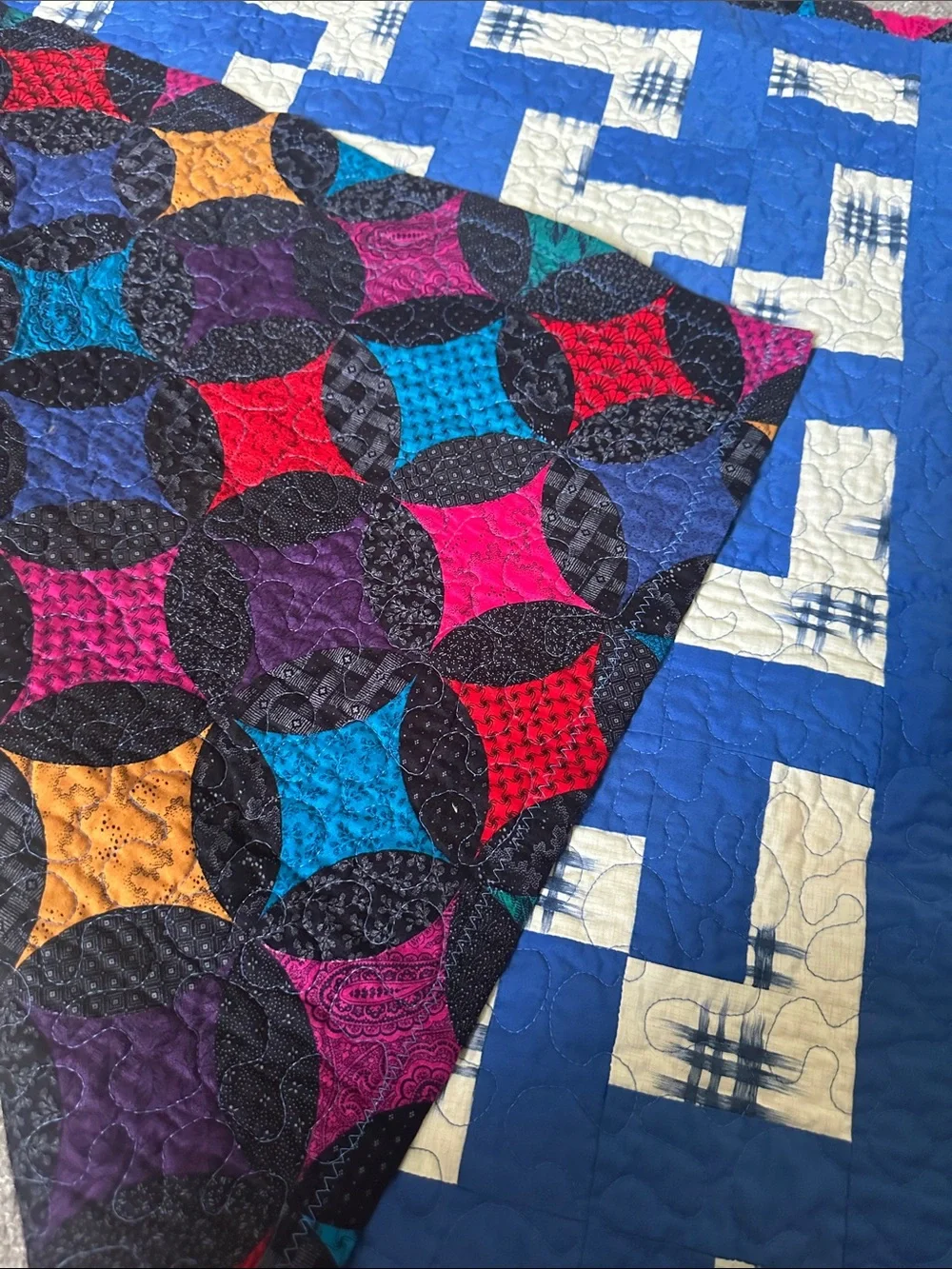 Handmade Lap Quilt Blue and Cream Geometric Quilt 32 x 32